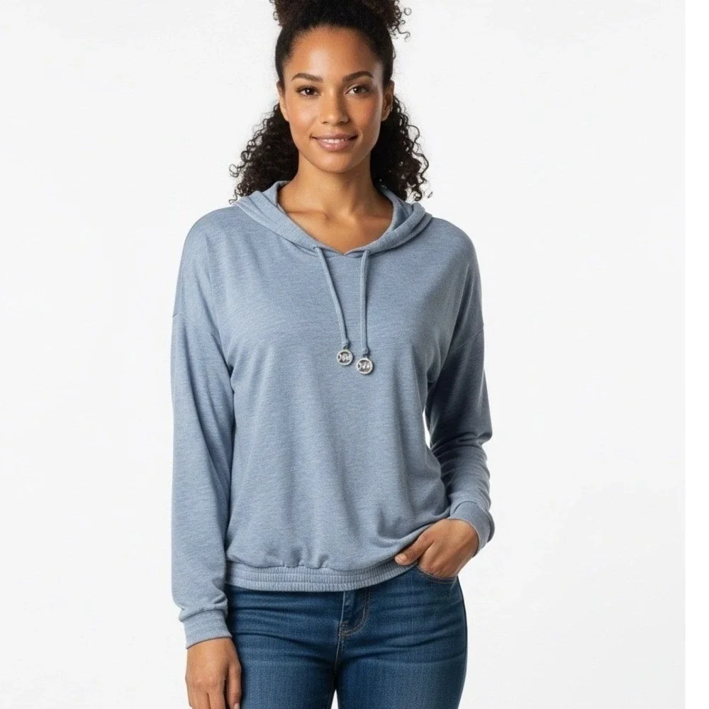 Michael Kors Hoodie Womens Large Blue Heathered Logo Aglet Elastic‎ Hem Pullover
